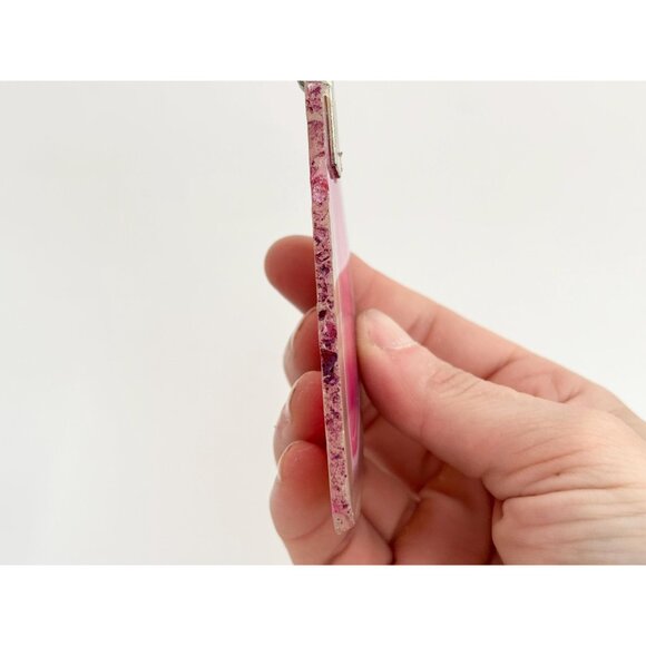 Pink Slice Agate Crystal Geode Freeform Large Silver Toned Vintage Pendant - Picture 4 of 13